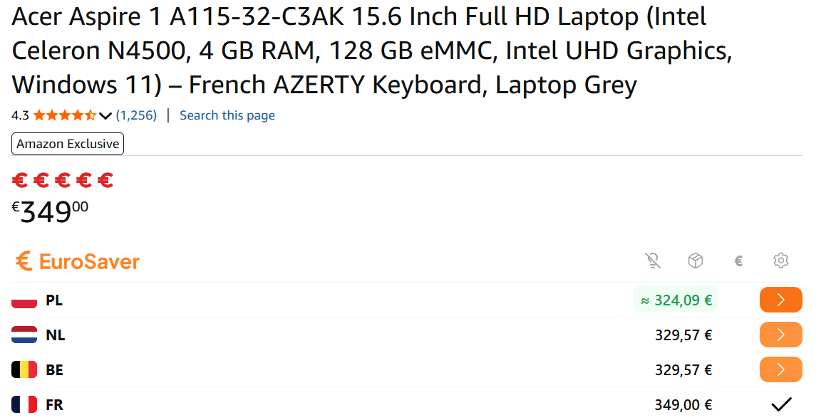 Comparison of laptop prices between Amazon Germany and Amazon Spain