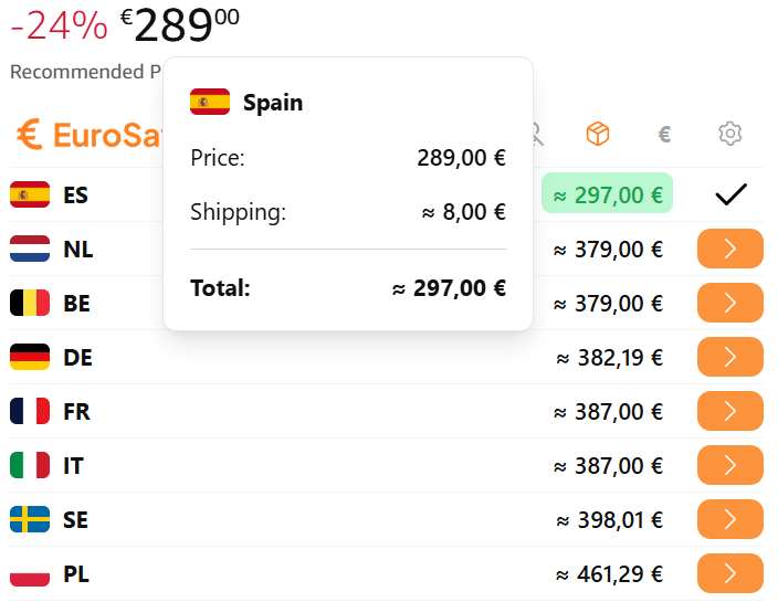 EuroSaver shipping cost view in the country overview for total price comparison