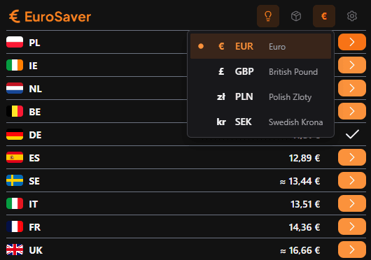 Screenshot: Currency selection dropdown in EuroSaver