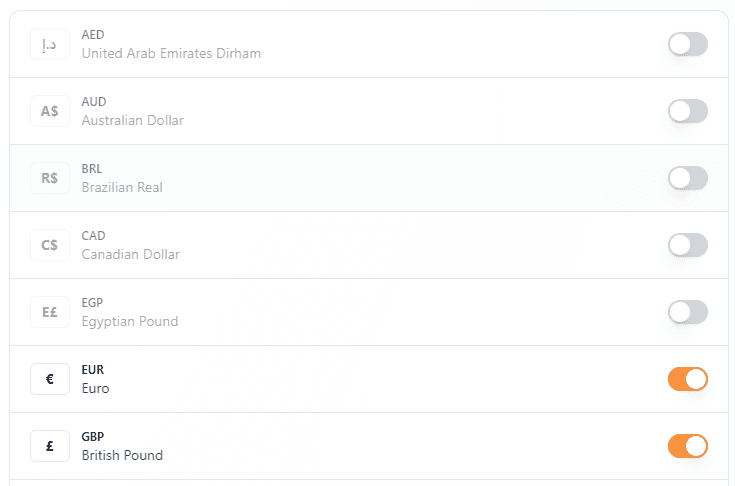 Screenshot: Select displayed currencies in EuroSaver