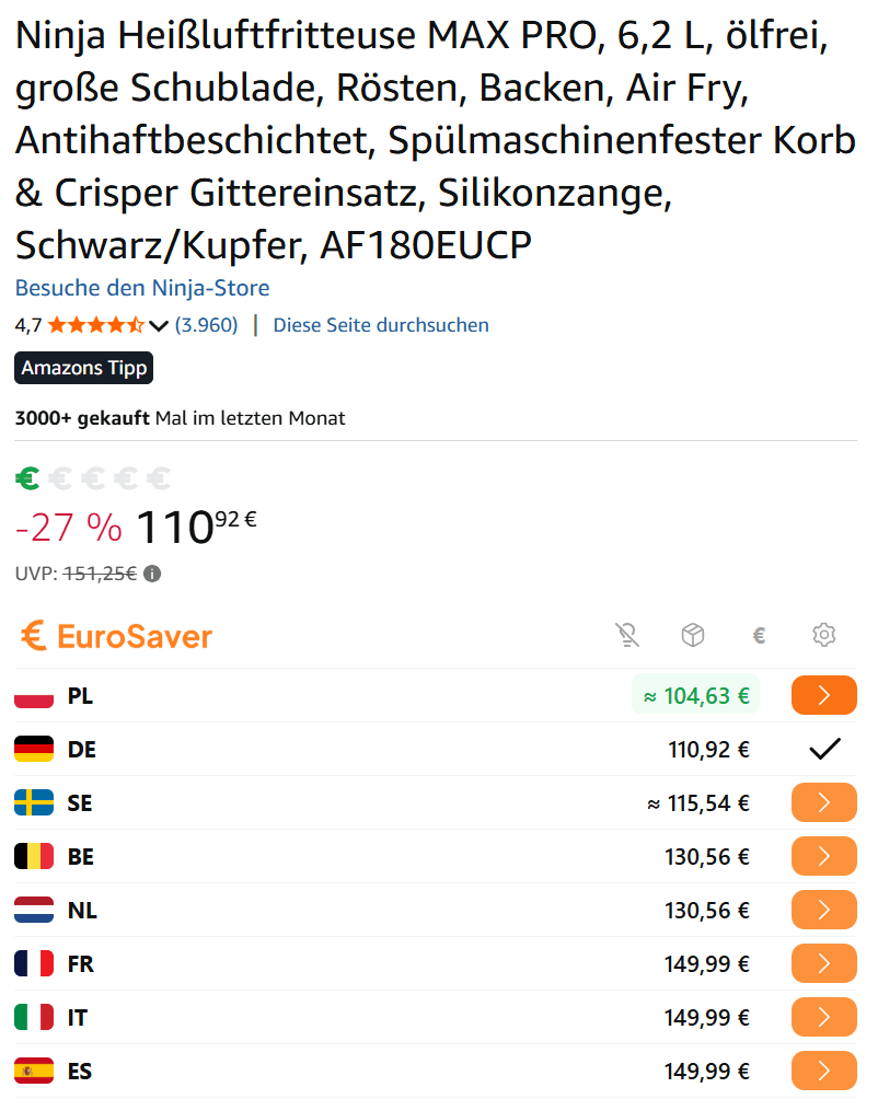 Comparison of Amazon prices for a kitchen appliance between Germany and Spain
