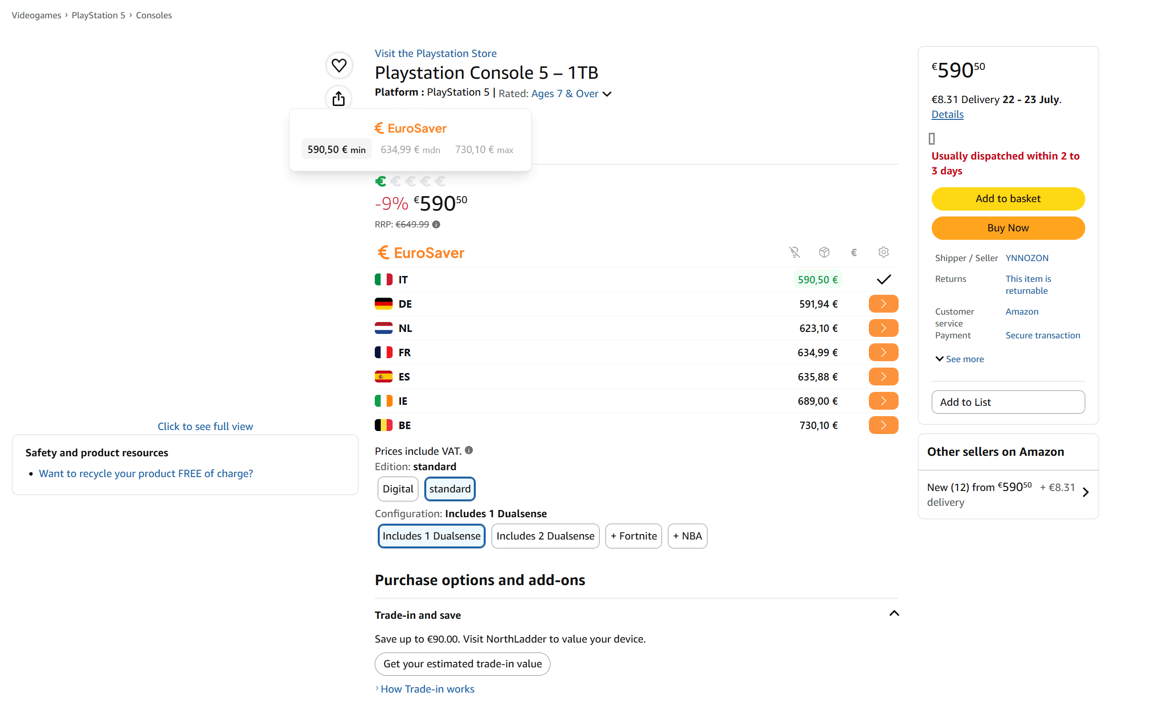 EuroSaver price bar directly on the Amazon product page