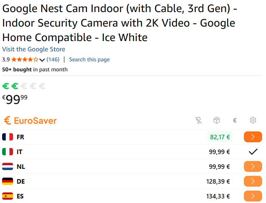 Price comparison for smart home devices across several European Amazon stores in the EuroSaver bar