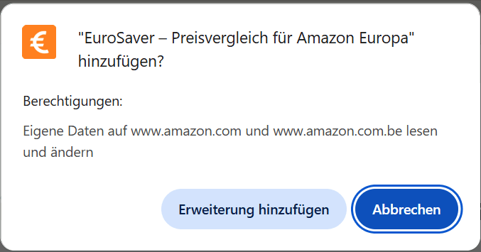 Permission request from the EuroSaver extension in the browser store during installation